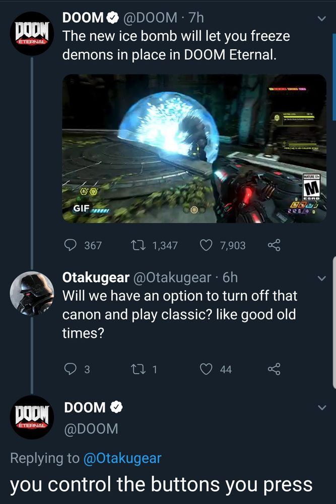 the doom account saying "you control the buttons you press" in response to "will we have an option to turn off that canon and play classic like good old times"