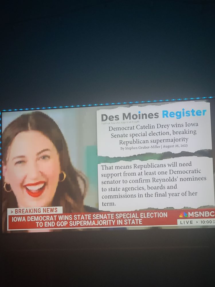 Screencapture of MSNBC's report on Catelin Drey's election victory in Iowa.