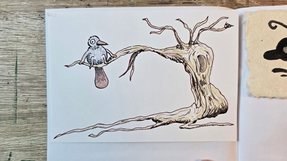 A raven platypus perching on a gnarly tree.