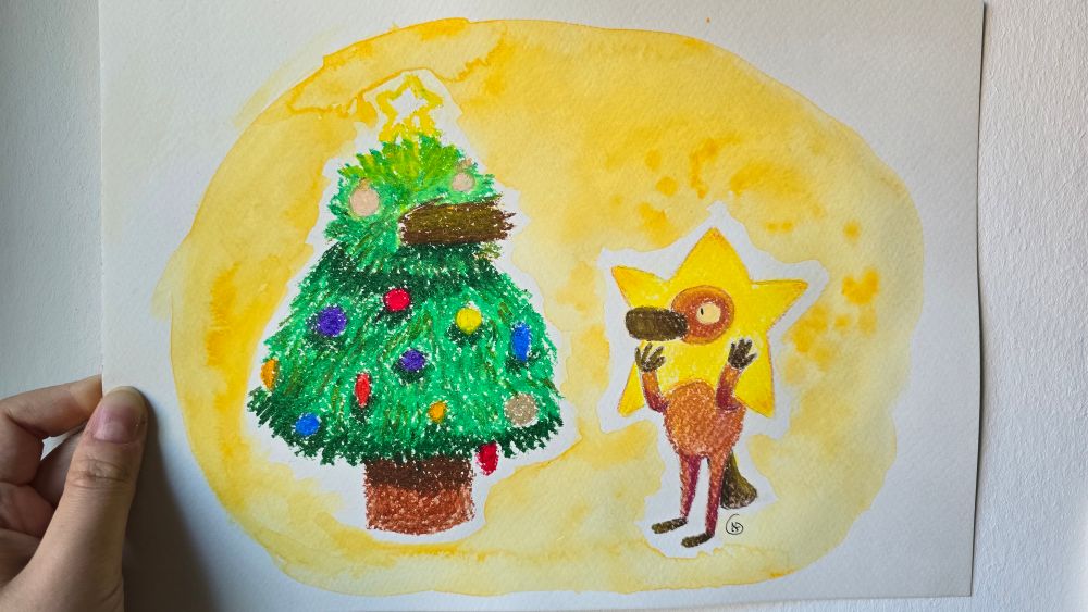 A with oil pastels done Christmas tree in the shape of a platypus missing its star. On the right is a platypus done with pastels with a star costume looking at the trees with a surprised expression. 
The background is yellow watercolour paint. 
