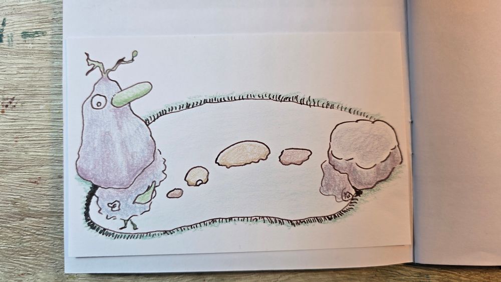 A tiny pond with two huge stones. One is flat, one is long, and it looks like a platypus. Both have reflections in the water. The swimming platypus has not.