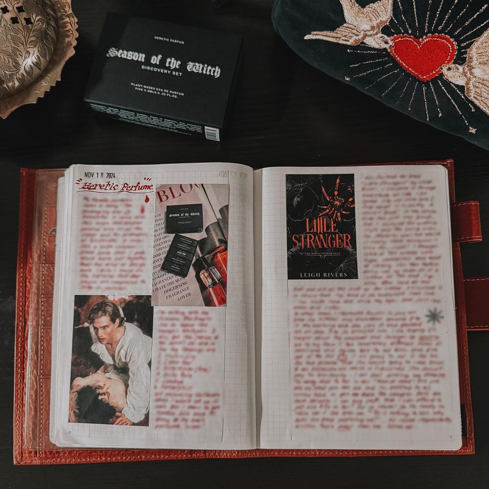 Journal spread with blurred out text in red ink showing various printed photos of the subject matter.