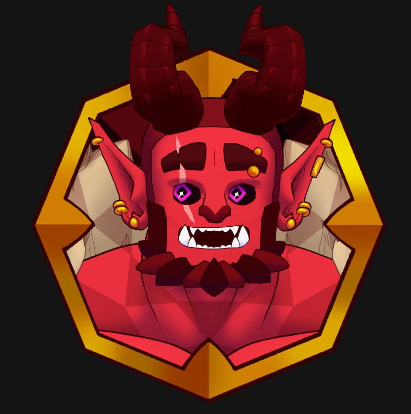 the same demon again, this time exhibiting a shocked expression and drawn within a similar golden frame to the one holding a ruby on his belt