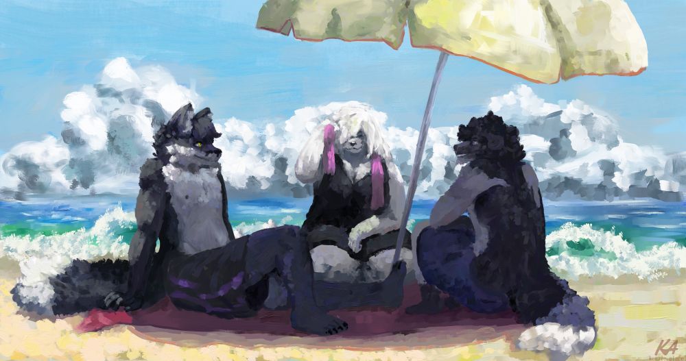 a group of three anthropomorphic characters sitting underneath an umbrella at a beach, one being a black fox, the other a white dog, and the last a black and white dog.
#art #kenart #furry #furryart