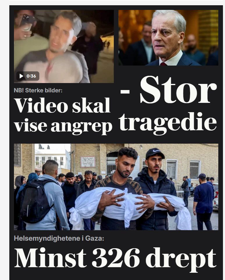 Fronpage of norwegian newspaper where it says that at least 326 have been killed in Israeli air-attacks.