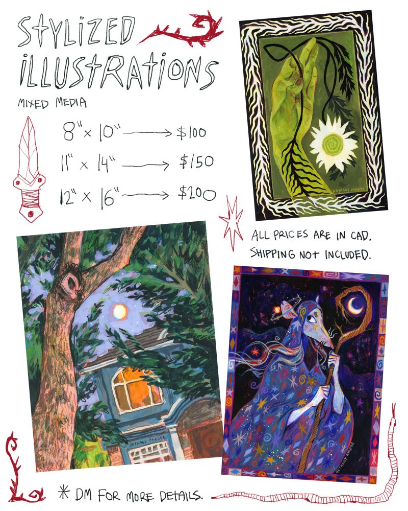Text: Stylized Illustrations 8"x10" $100 11"x14" $150 12"x16" $200