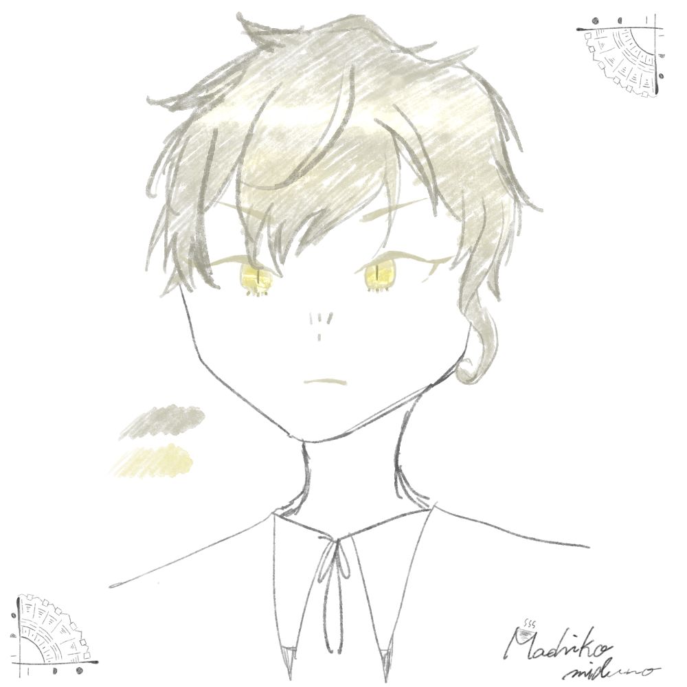 半透明もしくは不透明の黄味を帯びた灰色の髪をしている
瞳はまるで猫の瞳のように切れ長な瞳孔で、髪色よりも黄色がよりはっきりとしている