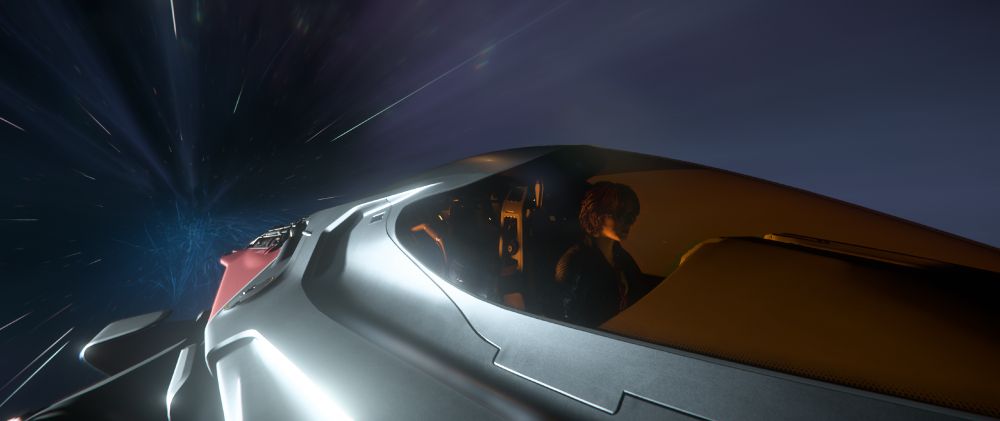 a sentient being in casual clothing piloting a badass space ship travelling towards the raddest social affair of the year.