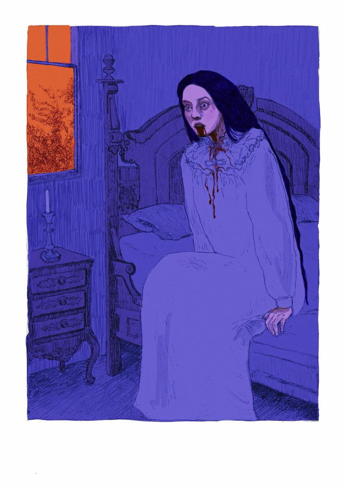 Drawing done with graphite pencil and colors added digitally 

A white woman in a victorian room sits at the edge of bed with a look of shock on her face while blood drips from her mouth and onto her nightgown. The room is all purple, contrasting with the bright orange from the window.

Inspired by a scene from Dracula (the book)