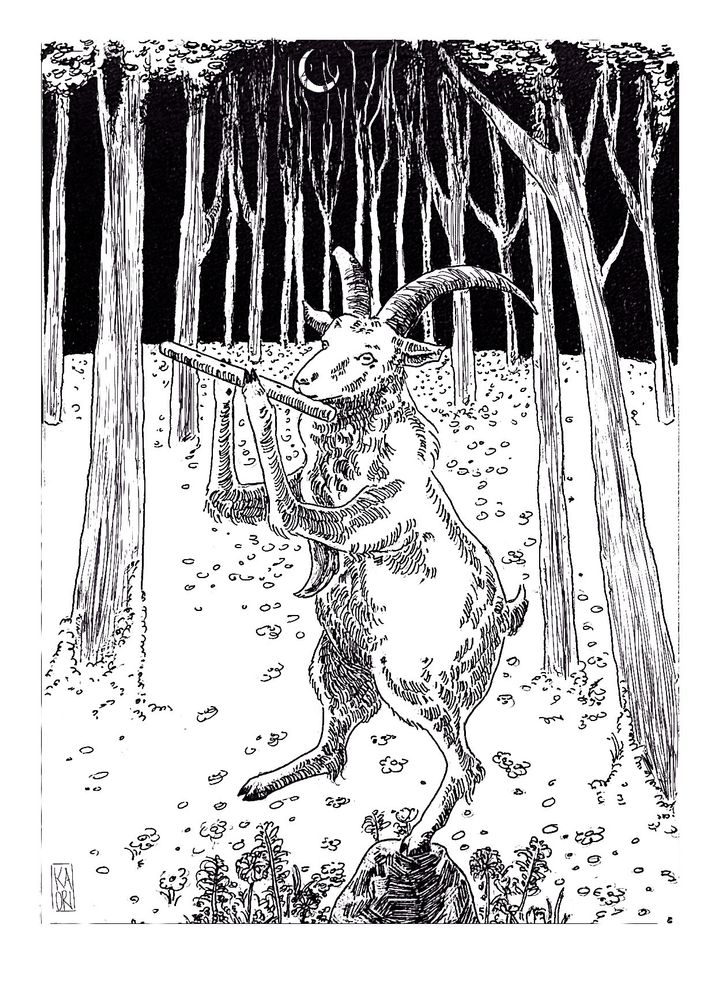Ilustração de nanquim + digital: um bode em pé tocando uma flauta em uma floresta com várias árvores. O céu está totalmente pintado de preto e uma lua é visível entre as árvores.