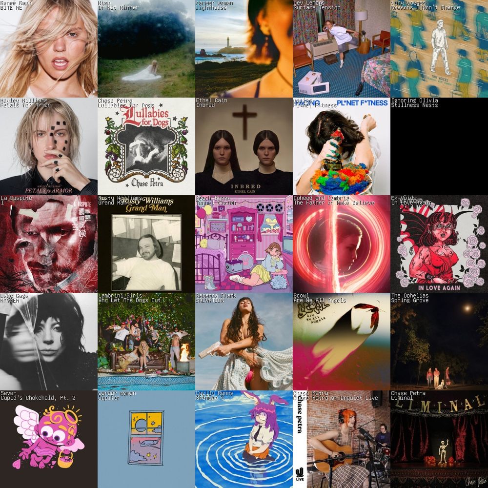 I listened to everything in that top row once this week except Dev Lemons. Been using streaming less and less ever since adding CDs back to my rotation.

We've been playing rock band 3 and also ive been getting back on my one new album a day thing. Day 3 so far.

Listened to new Wisp and it was good. Also been listening to a Glixen CD a lot which is a similar vibe.

Day 2 listened to old Ethel Cain to prepare for new Ethel Cain but I gotta wait till I have 73 minutes 

Day 3 Tiny Voices my friend from back home recommended to me 