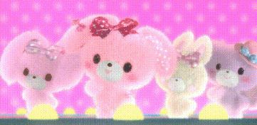 a group of pink and white stuffed animals are standing next to each other on a pink background .