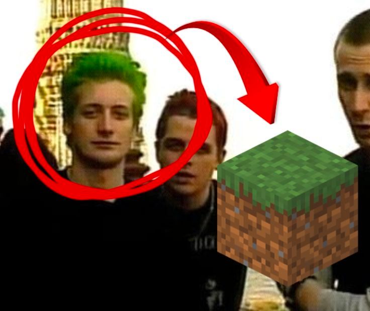 Tré cool from Green Day in the 90s with green hair. His face is circled and there is an arrow pointing to a grass block from Minecraft, implying he looks like a grass block.