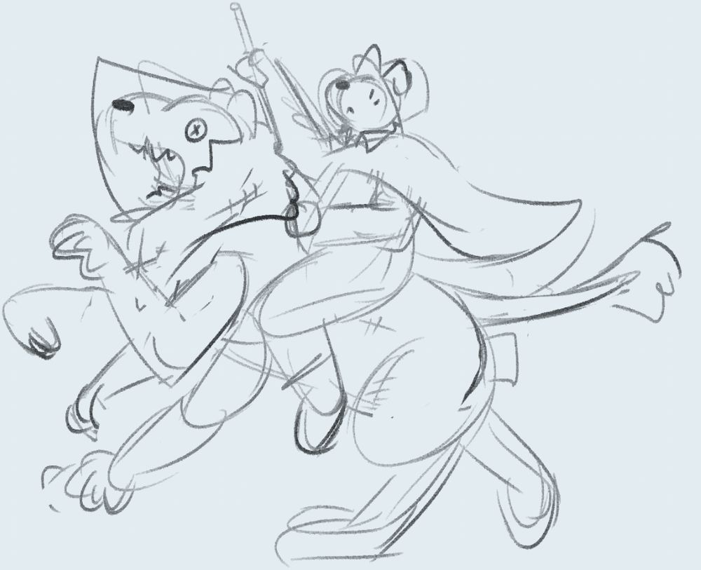 my character topsy, a canine of ambiguous species, wears ringmaster garb. he's riding atop a gigantic, living plush lion with slightly too many limbs. 