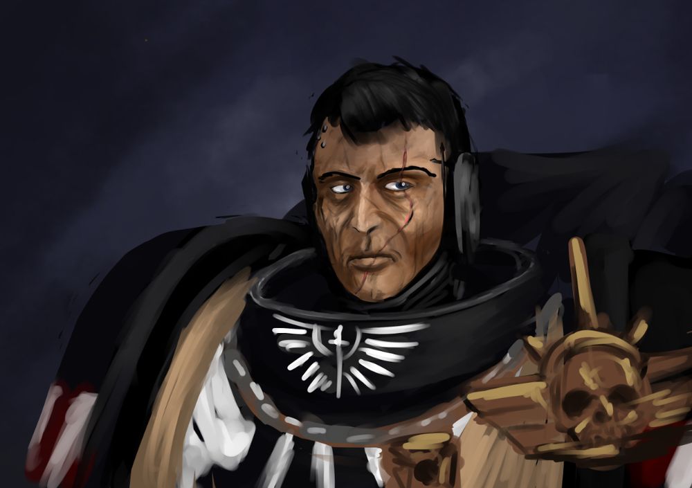 A Space marine in black armour with a number of scars dotting his face
