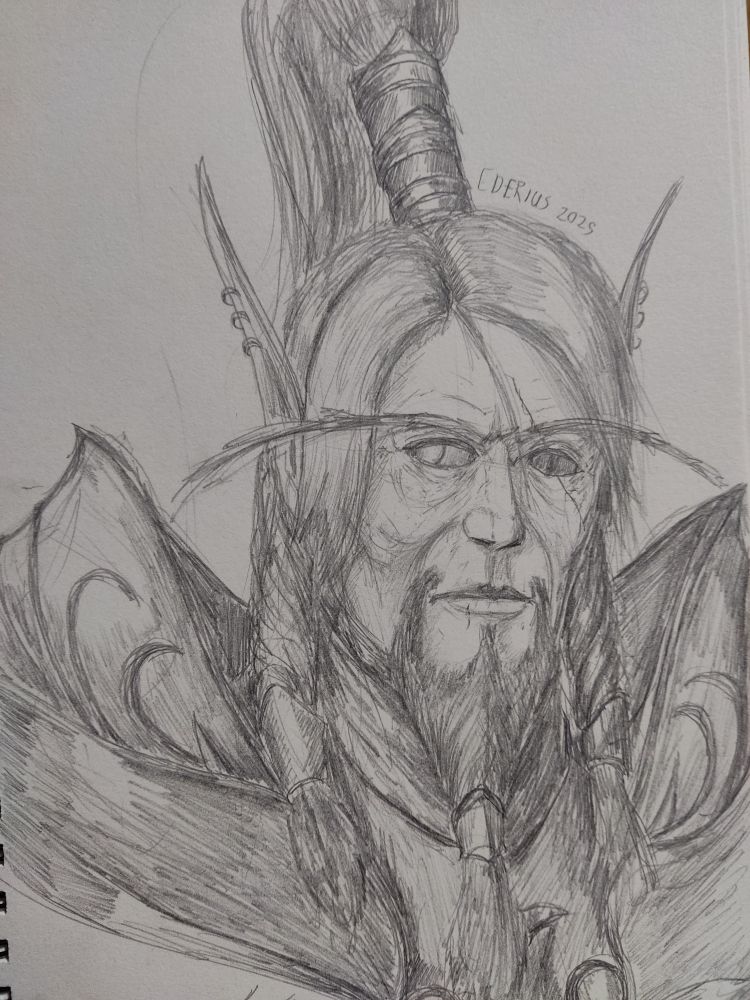 Lorthemar theron from warcraft
He's a blood elf with some facial hair, long flowing hair and a top knot
A scar runs across one of his eyes