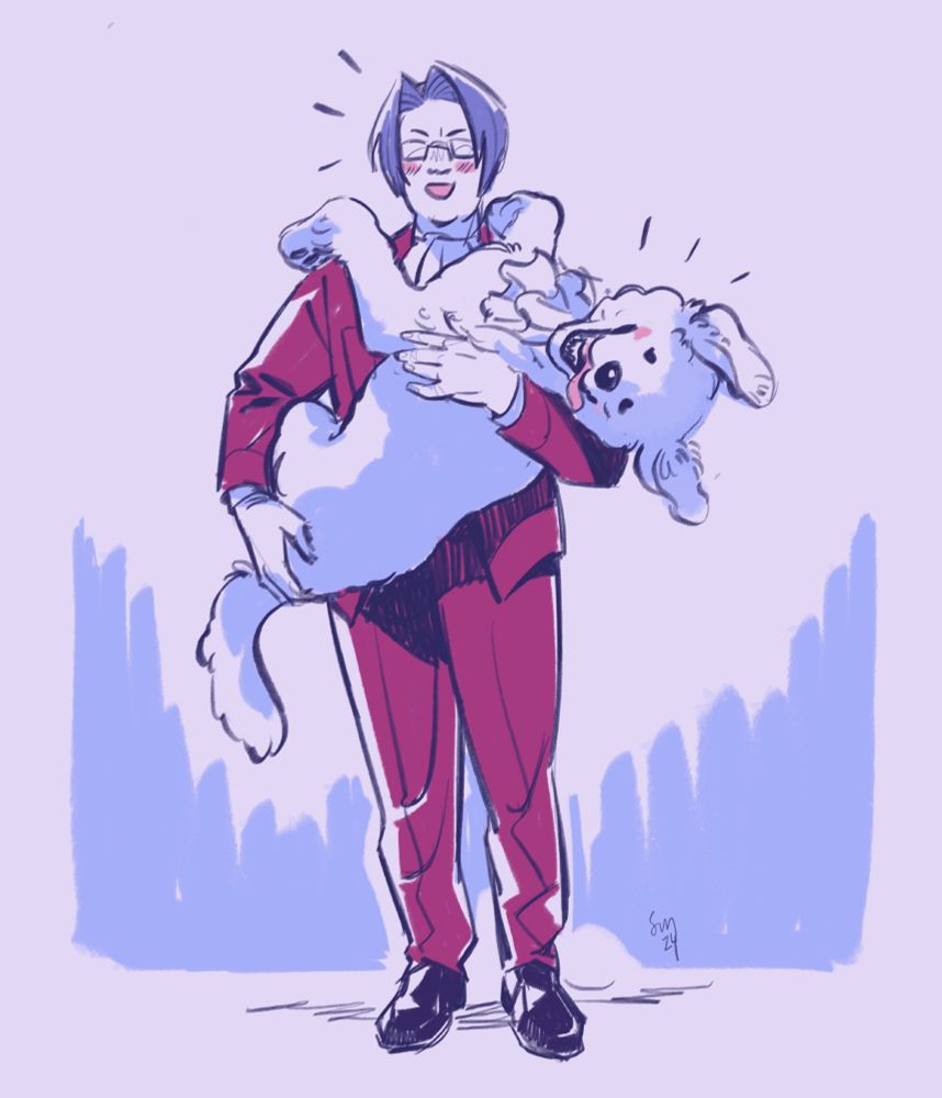 digital sketch of edgeworth holding his dog pess, a large white poodle, like a baby. he appears uncharacteristically happy