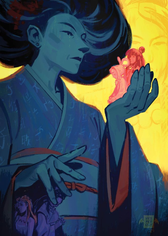 digital illustration of morgan fey cast in shades of blue, holding up pearl and maya fey in her hand. she observes them both with a cold expression. iris and dahlia hide in her sleeve in the bottom left corner; iris's face is obscured, and dahlia smiles mysteriously at the viewer. in the yellow background, misty fey can be seen looking at pearl and maya