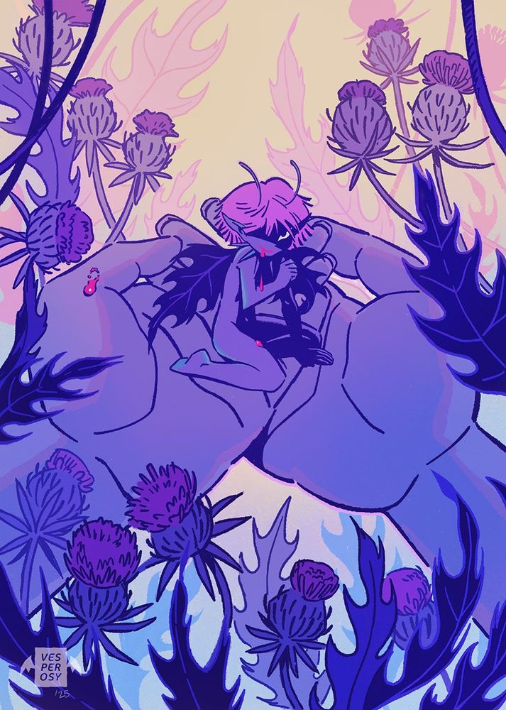 a digital illustration rendered in blues and pinks. a pair of hands cups a small fairy with spiky wings and fuschia hair over a patch of thistles. one of the hand's fingers has a small, bloody bite mark. the fairy has a nefarious grin and blood dripping from it's mouth
