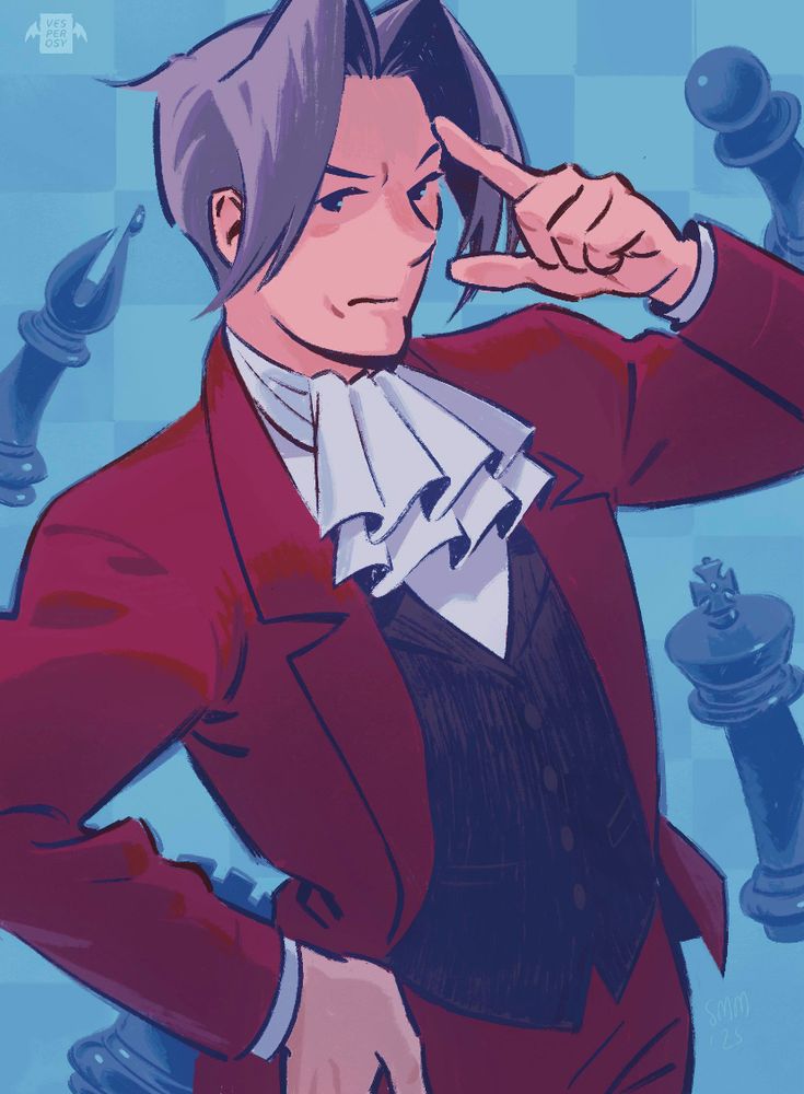 digital illustration of miles edgeworth from ace attorney. he has one hand on his hip and a finger touching his brow with a concentrated expression. the backdrop is a blue checkerboard pattern with chess pieces 