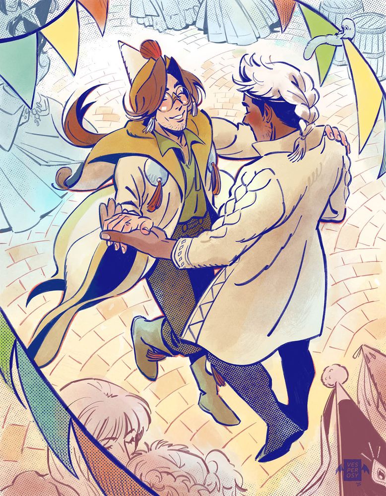digital illustration of atwert and galga smiling and dancing together at the silver eve festival. there's various other people in the background. brushbuddy is hanging off a colourful banner
