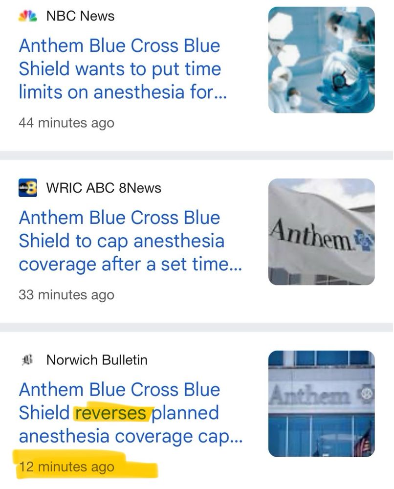 Anthem Blue Cross Blue Shield reverses planned anesthesia coverage cap for CT patients