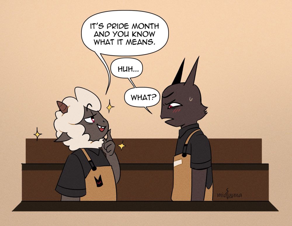 Lamb: It's Pride Month. And you know what it means.
Nari: Huh... What?
I look at the flirty, and charming LOOKING Lambert, confused outta my mind. Hey, I have a right to be confused.

Art by midluuna
