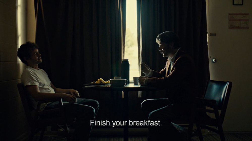hannibal hannibal gesturing to the food "Finish your breakfast."