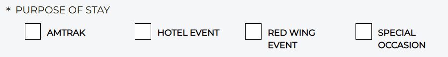 Check boxes asking if the purpose of your stay is a hotel event, Red Wing event, special occasion, or Amtrak.