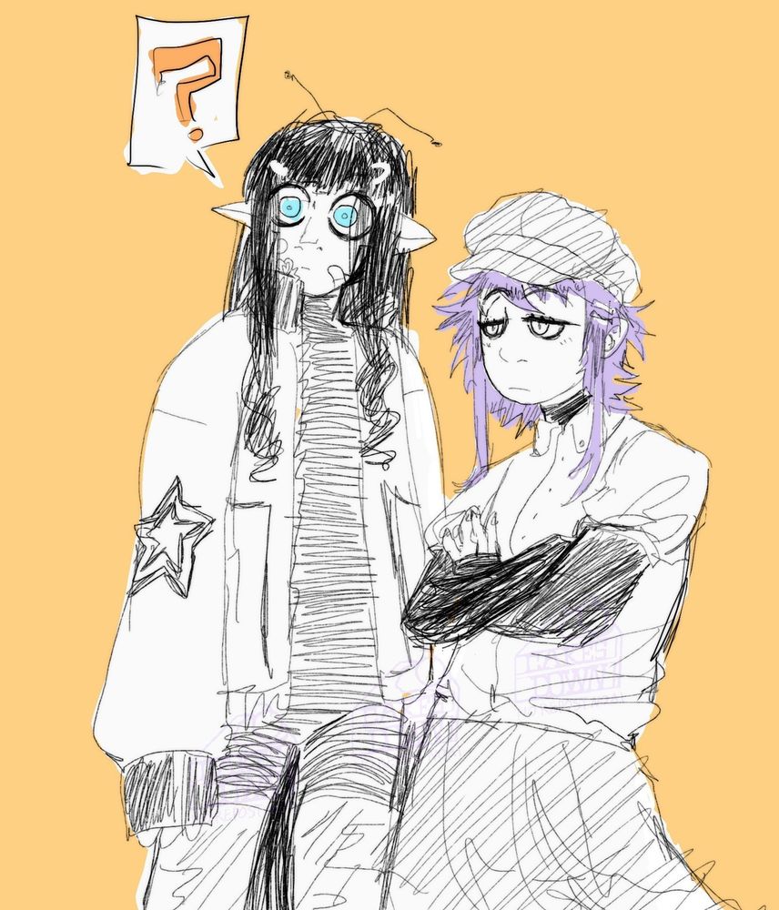 A tall androgynous character with long black hair, wide blue eyes, and a white jacket stands next to the artist's personal design of defoko, who is wearing a dark skirt with white button up and black newsboy cap. She looks nonplussed while the first character looks curious.