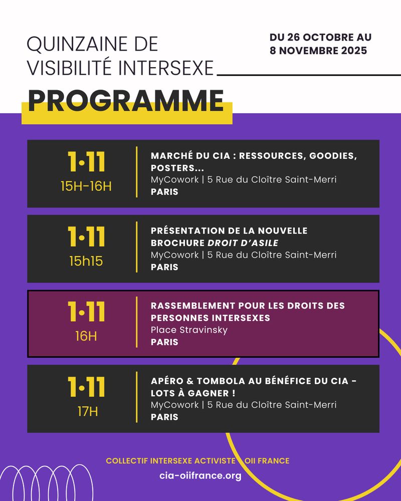 Samedi 1er novembre à Paris :
15h-16h au MyCowork Beaubourg (5 rue du Cloître Saint Merri, Paris) : Marché du CIA (ressources, posters, stickers, goodies…).
15h15 au MyCowork Beaubourg (5 rue du Cloître Saint Merri, Paris) : Présentation de la nouvelle brochure « Droit d’asile des personnes intersexes ».
16h place Stravinsky, Paris : Rassemblement pour les droits intersexes.
17h au MyCowork Beaubourg (5 rue du Cloître Saint Merri, Paris) : Apéro avec le CIA et tombola (lots à gagner !).
