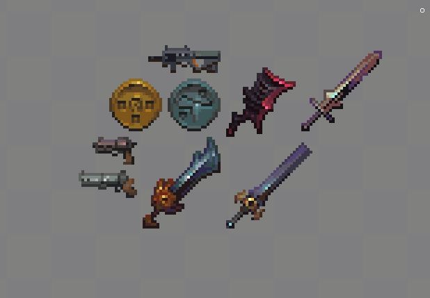 assorted pieces of pixel art, 3 firearms, 2 coins/medallions, 4 swords