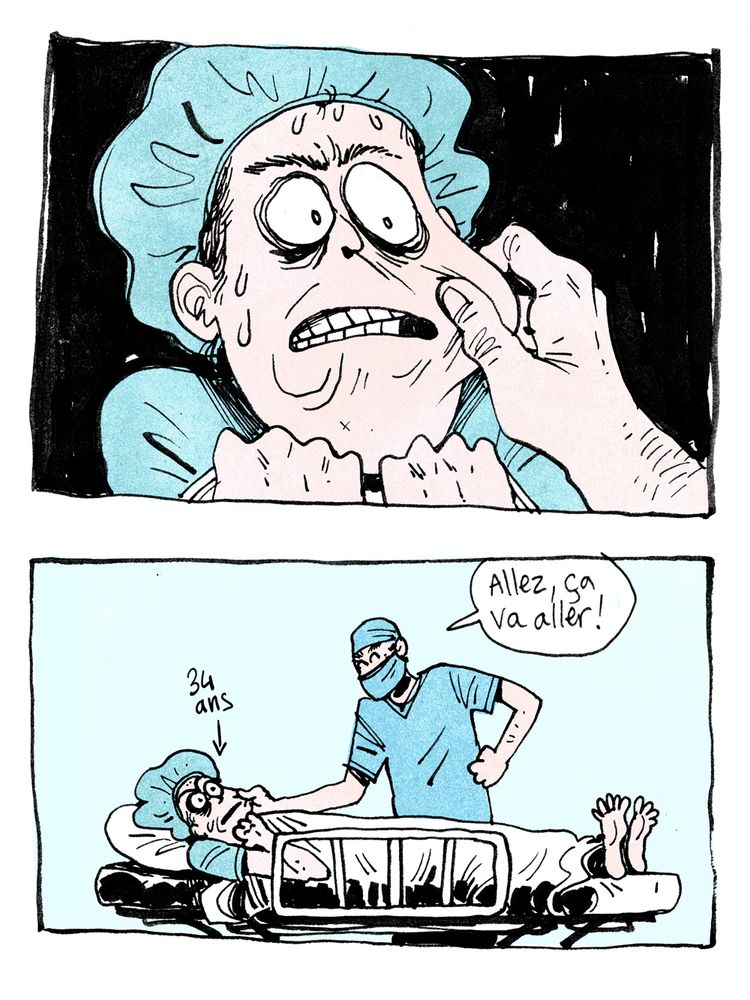 Case 1 : la main pince et tire la joue, Cha horrifiée
Case 2 : anesthésiste : "allez, ça va aller !"