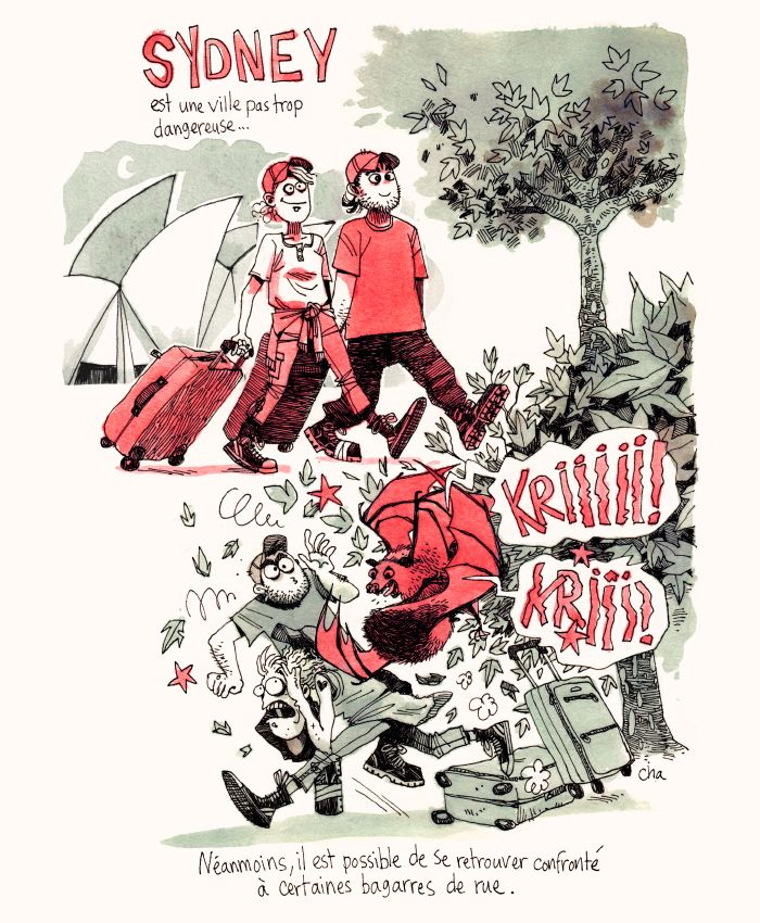 Melvin et Cha marchent dans Sydney (on voit l'emblématique opera derrière) quand soudain une bagarre de grosses chauves souris surgissant d'un arbre éclate.