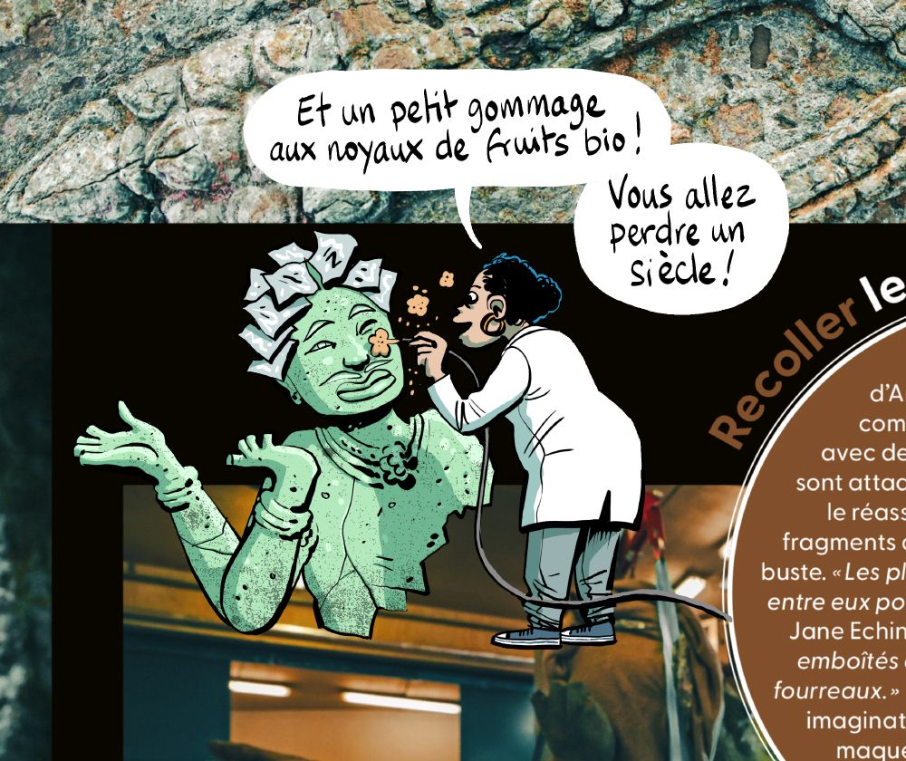 Une gros statue de Vishnou avec des papillotes d'aluminium sur la tête et une scientifique qui lui fait un gommage au noyaux de cerises.