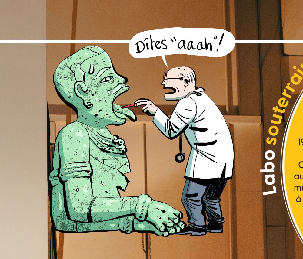 Une gros statue de Vishnou face à un docteur qui lui dit :"Dîtes aaah !"