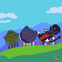 Pixel art featuring: Pikmin (Purple, Red, and Yellow), A Spider-Man 2099 Tsum Tsum, A green Warhammer 40k Space Marine helmet (Green), and a  X-Men Nightcrawler Plush from the comics