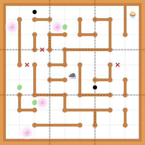 The Rat Run 13 variant sudoku puzzle grid. Showing a 9x9 sudoku grid overlaid with graphics to emulate a maze with a rat in one square and a cupcake in another, among other various grid furniture graphics that denote rule sets for solving the puzzle.