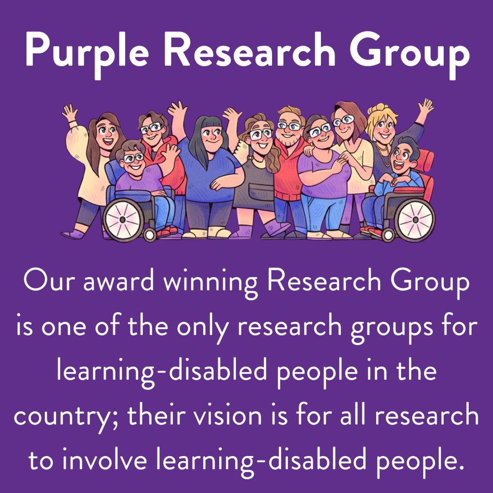 White text with a purple background it says "Our award winning Research Group is one of the only research groups for learning-disabled people in the country; their vision is for all research to involve learning-disabled people. " With an illustration of the group.