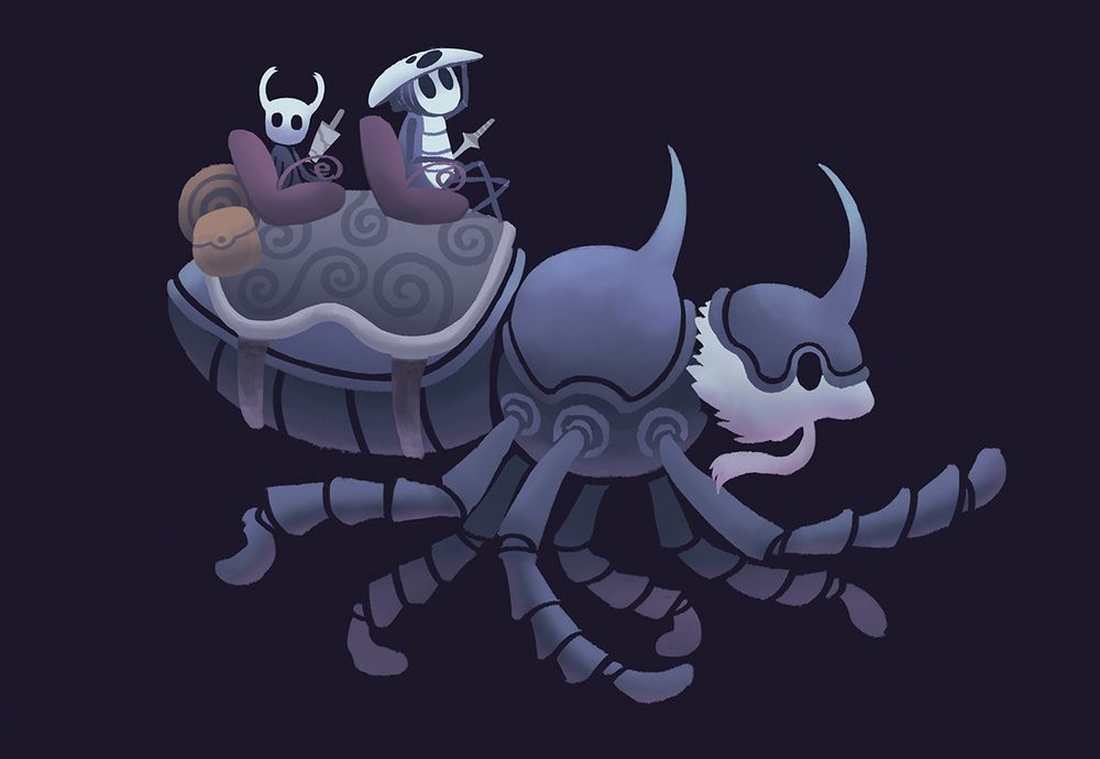 Ilustração digital, feita majoritariamente de formas com degradês leves. É uma fanart de Hollow Knight. Nela, o protagonista (pequeno insetinho de máscara branca com chifres) e Quirrel (um inseto maior, com uma máscara grande sobre a cabeça) estão sentados em cadeiras amarradas em cima de um grande besouro, que corre transportando os dois. 