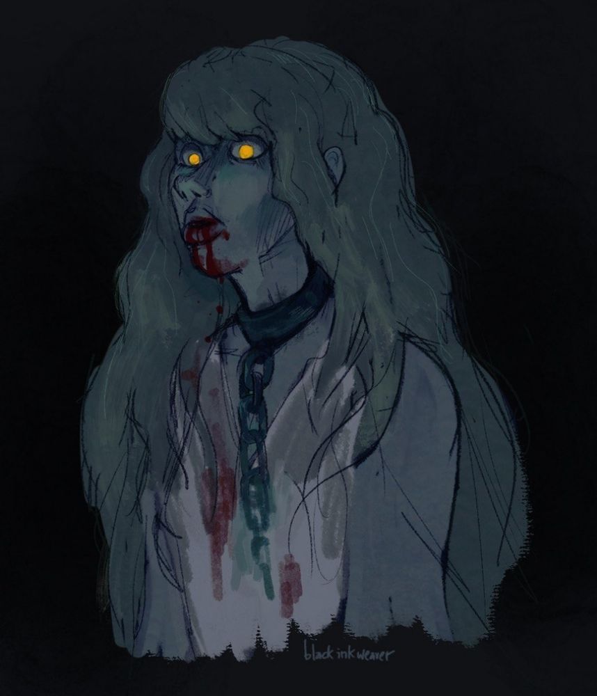 Ilustração digital. Um busto feminino em um fundo escuro. A pessoa tem longos cabelos loiros desgrenhados e uma pele azulada, como se estivesse morta. Possui um grilhão preso ao pescoço, com uma corrente que cai pelo peito. Ela olha intensamente com olhos amarelos para algo a sua frente. Sua boca está cheia de sangue que escorre pelo seu queixo e pinga, manchando o vestido branco que usa.