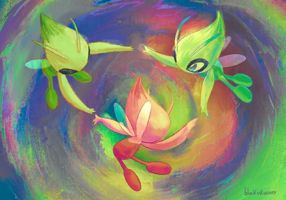 Ilustração digital. No meio de um turbilhão de cores super saturadas, três Celebis dão as mãos, como se dançassem uma ciranda. Um dos Celebis é shiny, com tons vermelhos no corpo.