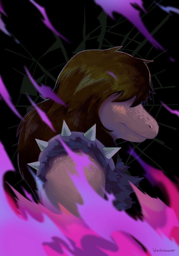 Desenho digital da personagem Susie, de Deltarune. Susie é um monstro com proporções de réptil, mas antropomorfizada. Ela tem um cabelo liso desgrenhado que passa dos ombros e deixa seus olhos invisíveis embaixo da franja. Ela tem uma pele rosada, com sardas brilhantes visíveis. Ela está de perfil, com o rosto um pouco abaixado e expressão séria. Conseguimos ver um pouco de suas roupas, dentre elas um colete rasgado sem mangas e uma ombreira com espinhos metálicos. Atrás dela na composição, um fundo escuro com uma rachadura se espalhando em um tom de verde bem fraco. Á frente dela, chamas roxas e rosadas.