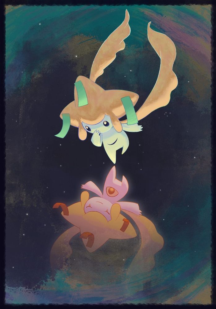 Ilustração digital em formato vertical. O Pokémon Jirachi olha curioso pra o que parece ser seu reflexo. O reflexo tem pose, expressão e cores diferentes do Jirachi real. O terceiro olho em sua barriga está aberto e olhando para o real.

O fundo é um céu estrelado, com cores circulando as bordas da composição.