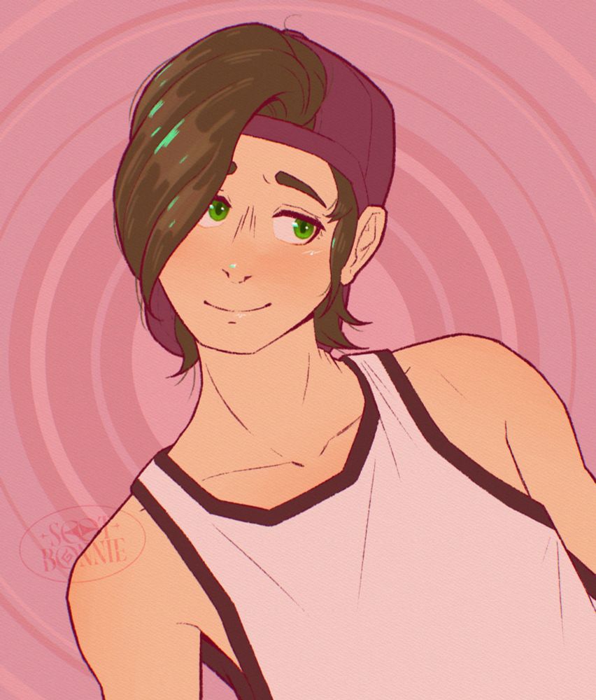 Digital headshot illustration of Erik Allers, an OC that belongs to ShujiWakahisa. Erik is leaning into the frame, head tilted to his left as he looks off-screen. Erik is wearing a tank-top and backwards baseball cap.
