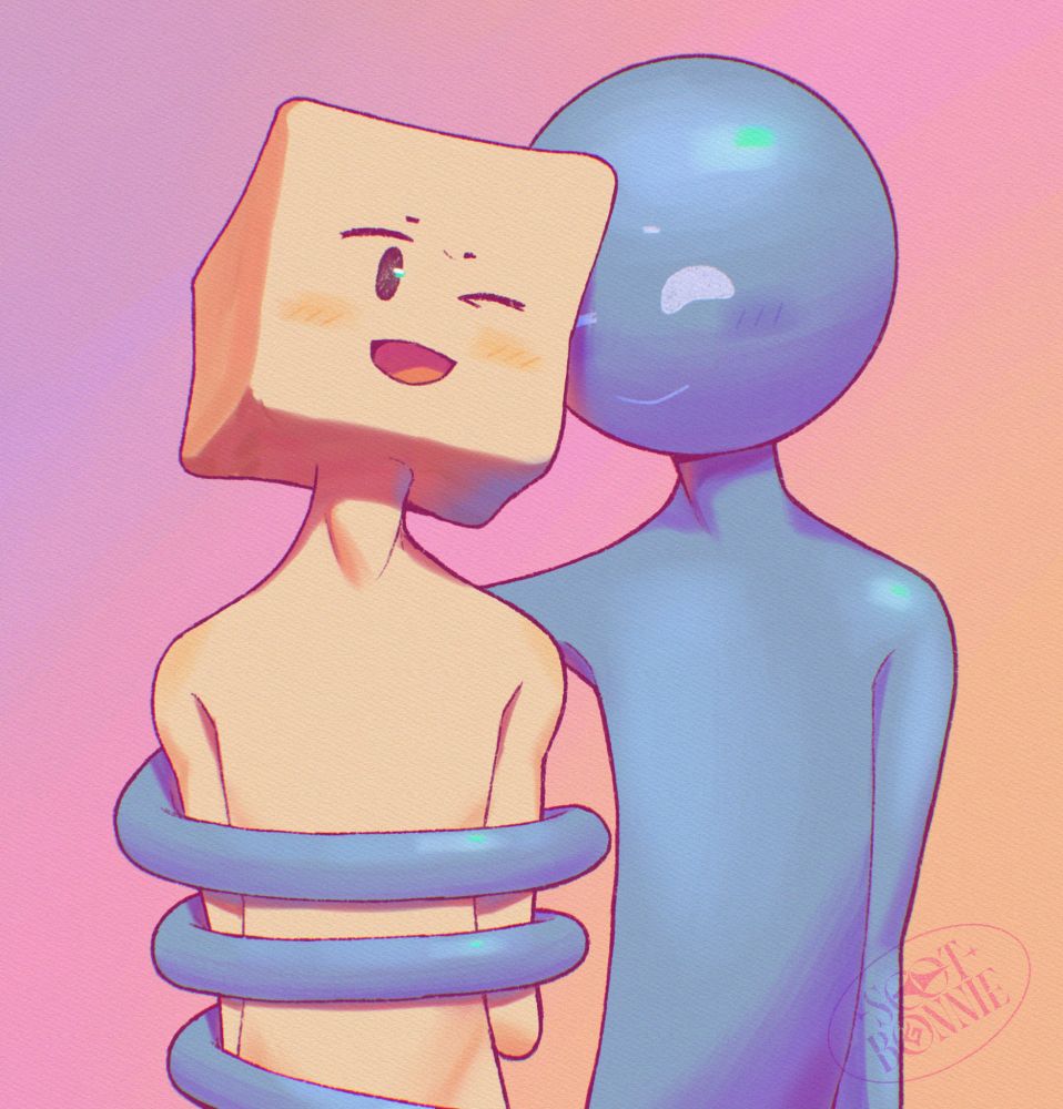 Digital halfbody illustration of Mochi Matchabara and Clyde Carrion, OCs that both belong to SandAnth. Mochi and Clyde are leaning their heads on each other. Mochi is using his elastic ability to wrap his right arm around Clyde's body multiple times.
