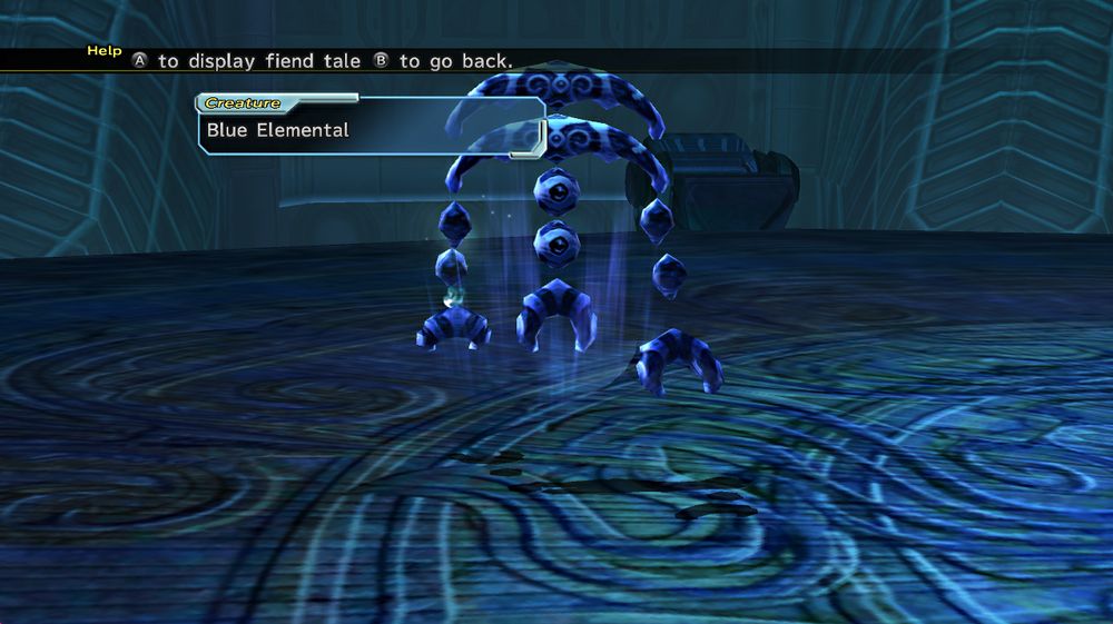 In-game screenshot of Final Fantasy X-2, depicting a fiend called a Blue Elemental that resembles various shapes of blue rune-like stones with a blue aura, levitating in the Creature Creator viewing area.