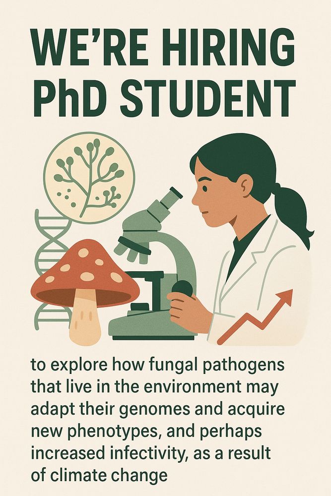 AI-generated drawing of a woman looking through a microscope with DNA and fungi drawn in the background. The text contains the same content as the bsky post.