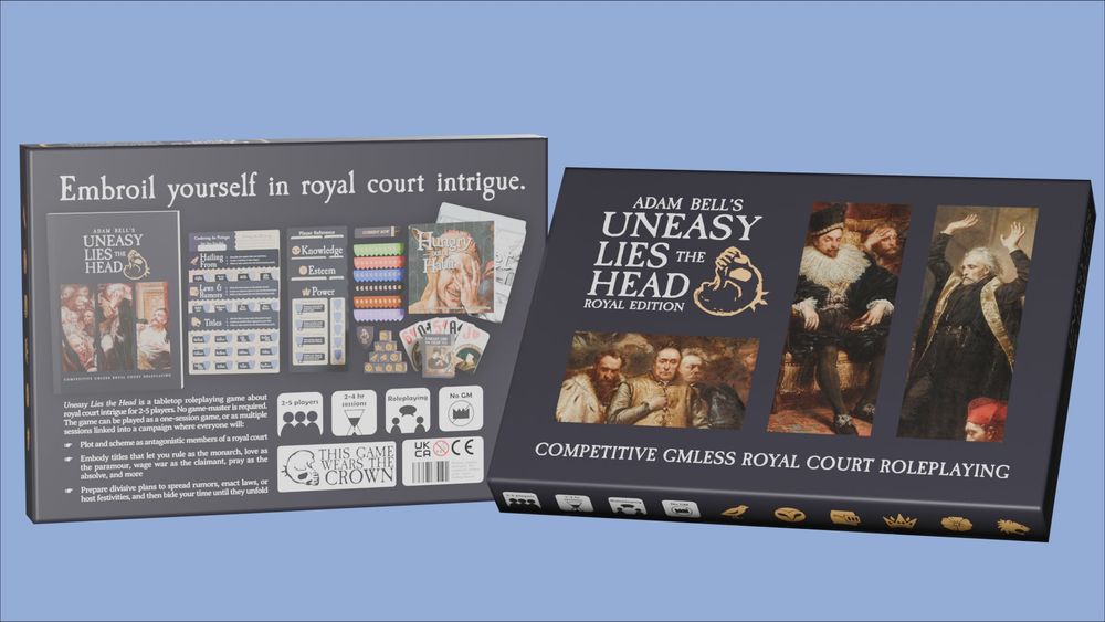 mockup of a board game box for Uneasy Lies the Head