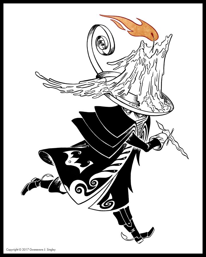 A mysterious bandit flees into the night, brandishing a zigzag dagger, face and figure obscured in a black greatcoat, and wearing a hat that appears to consist of an enormous candlestick, complete with lighted candle.